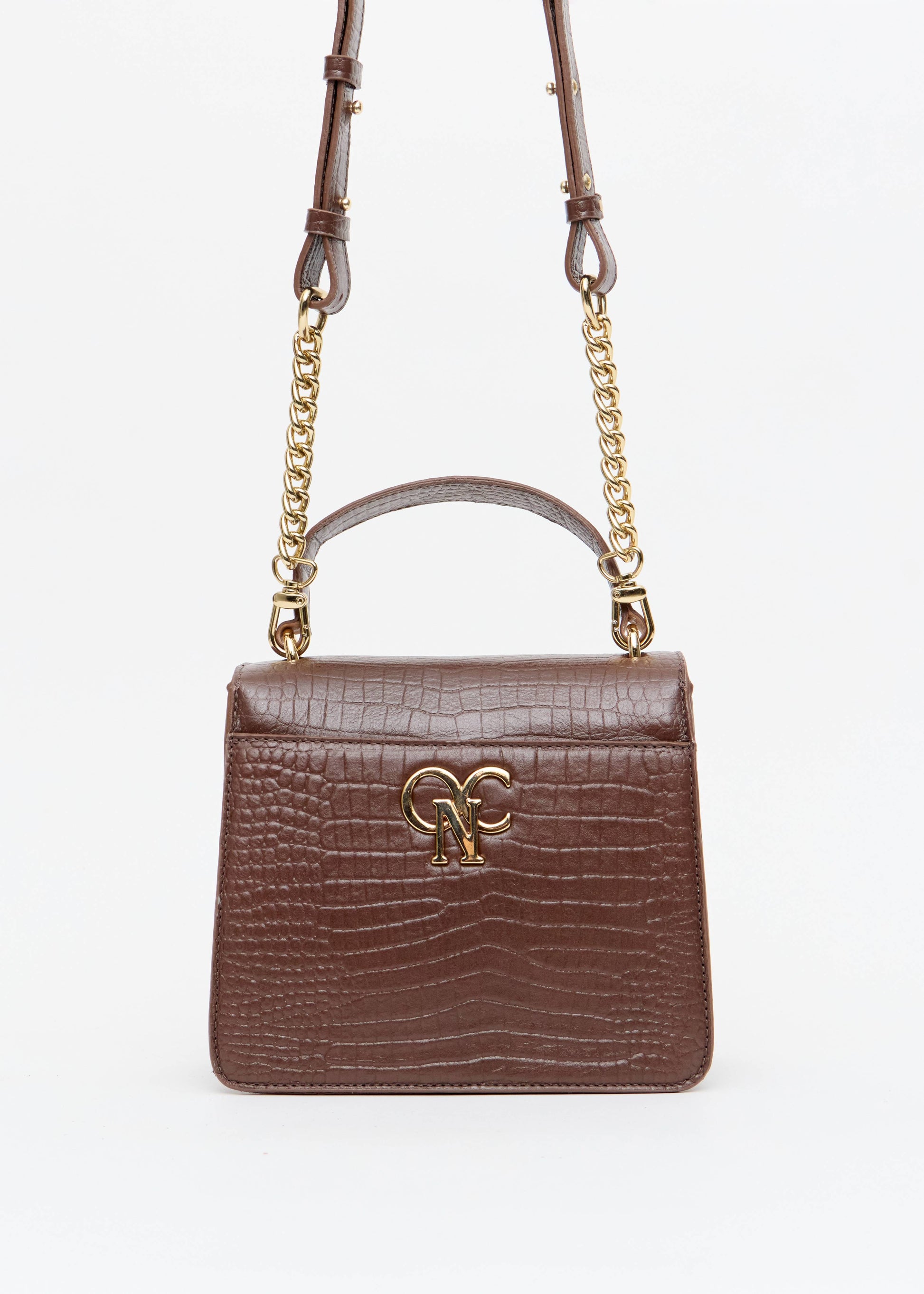 Bolsa croco marrom corrente dourada alca transversal Onça Preta