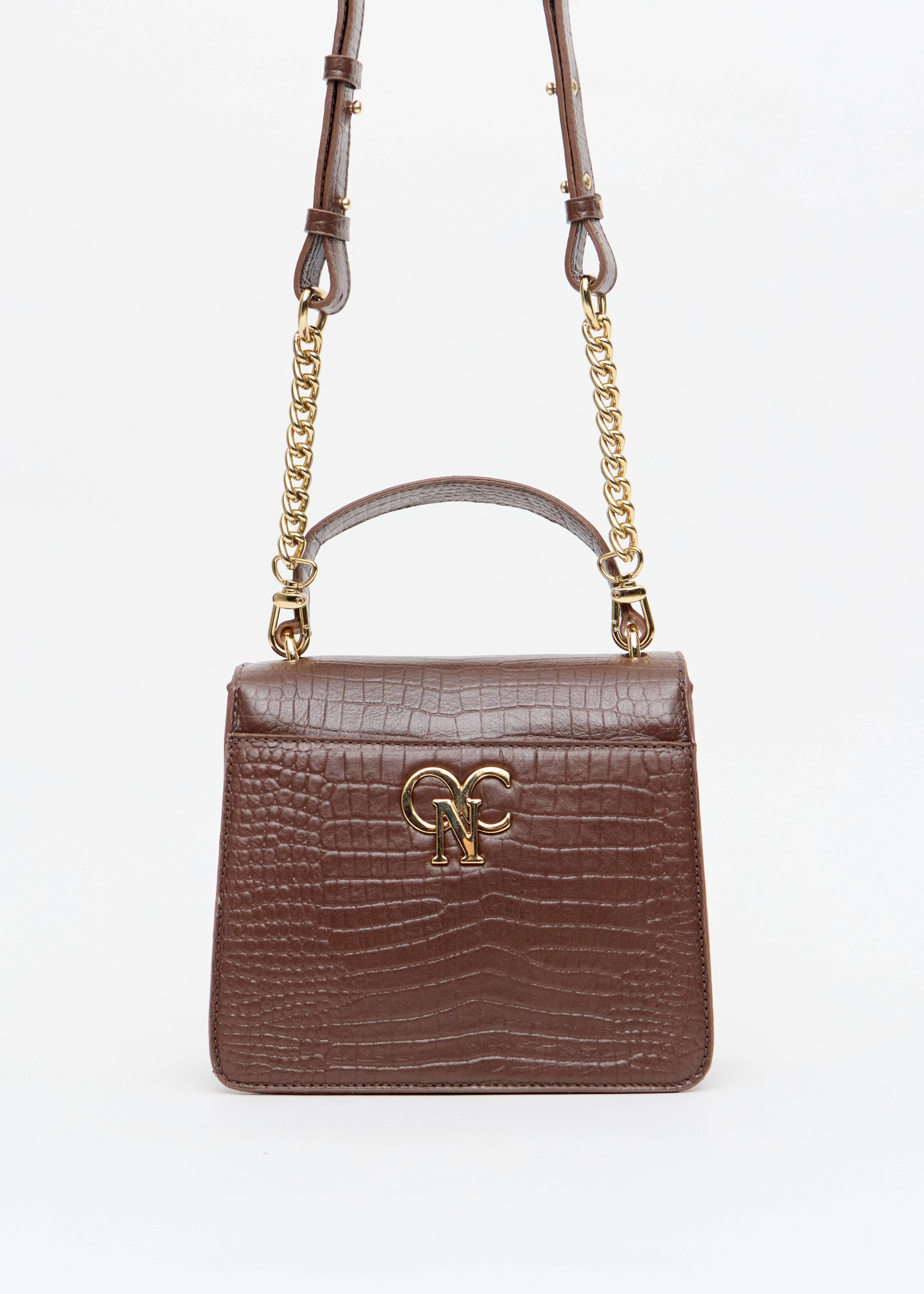 Bolsa croco marrom corrente dourada alca transversal Onça Preta
