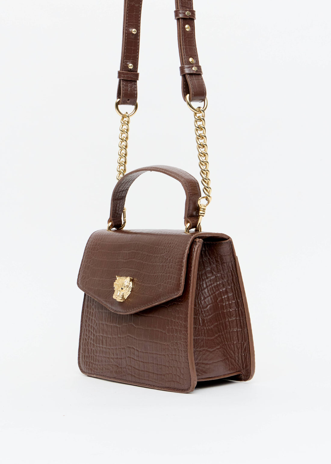 Bolsa feminina croco alca de mao marrom fecho onca dourada Onça Preta
