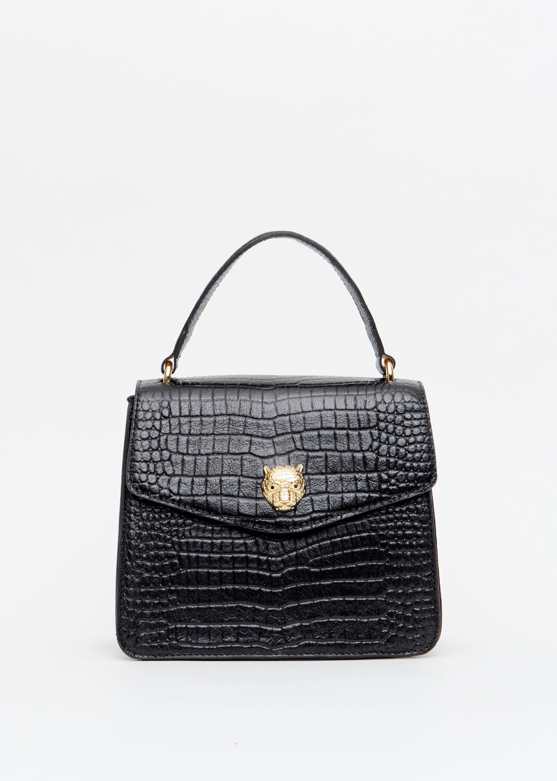 Bolsa feminina croco alca de mao preta fecho onca dourada Onça Preta