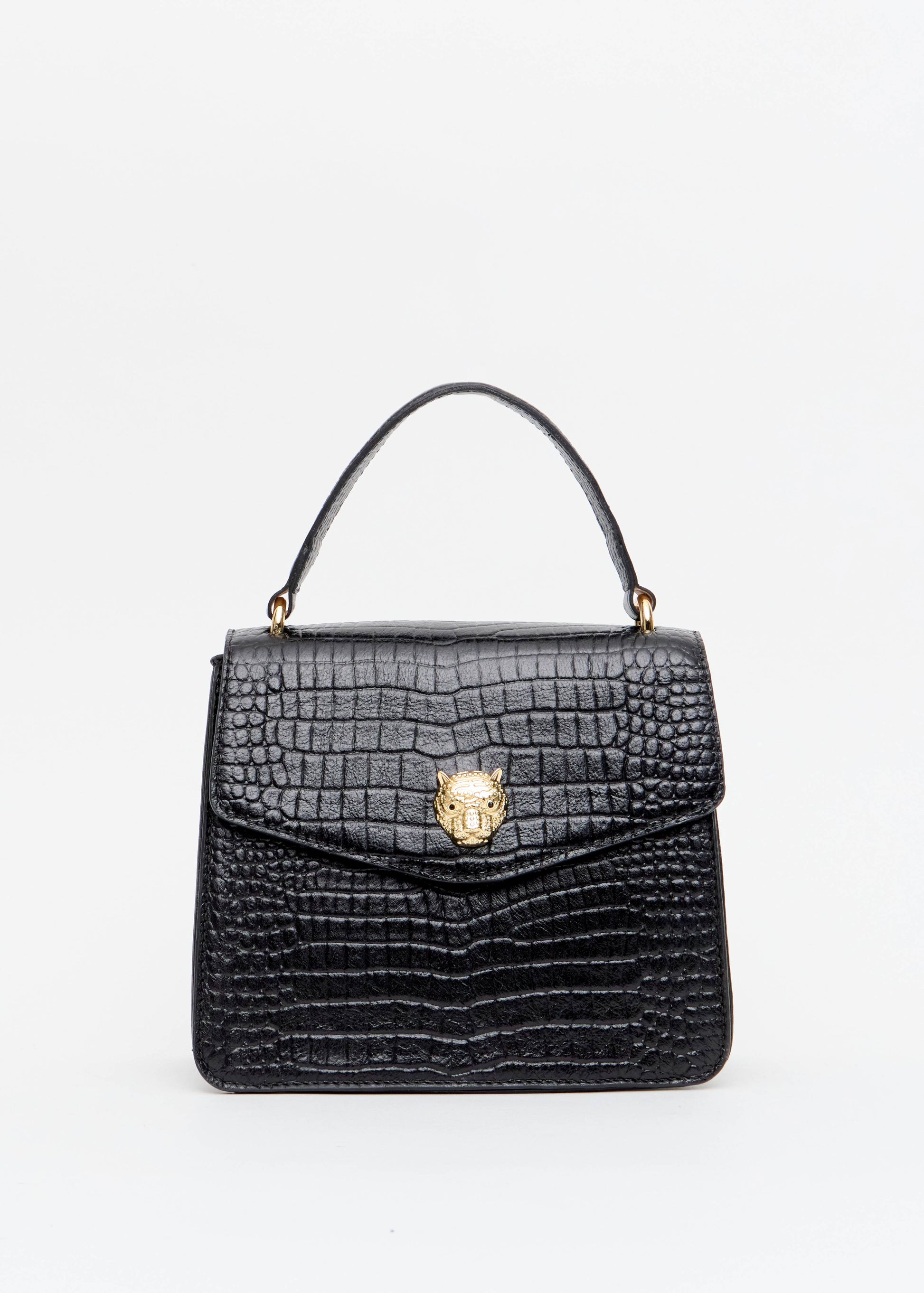 Bolsa feminina croco alca de mao preta fecho onca dourada Onça Preta