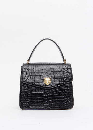 Bolsa feminina croco alca de mao preta fecho onca dourada Onça Preta