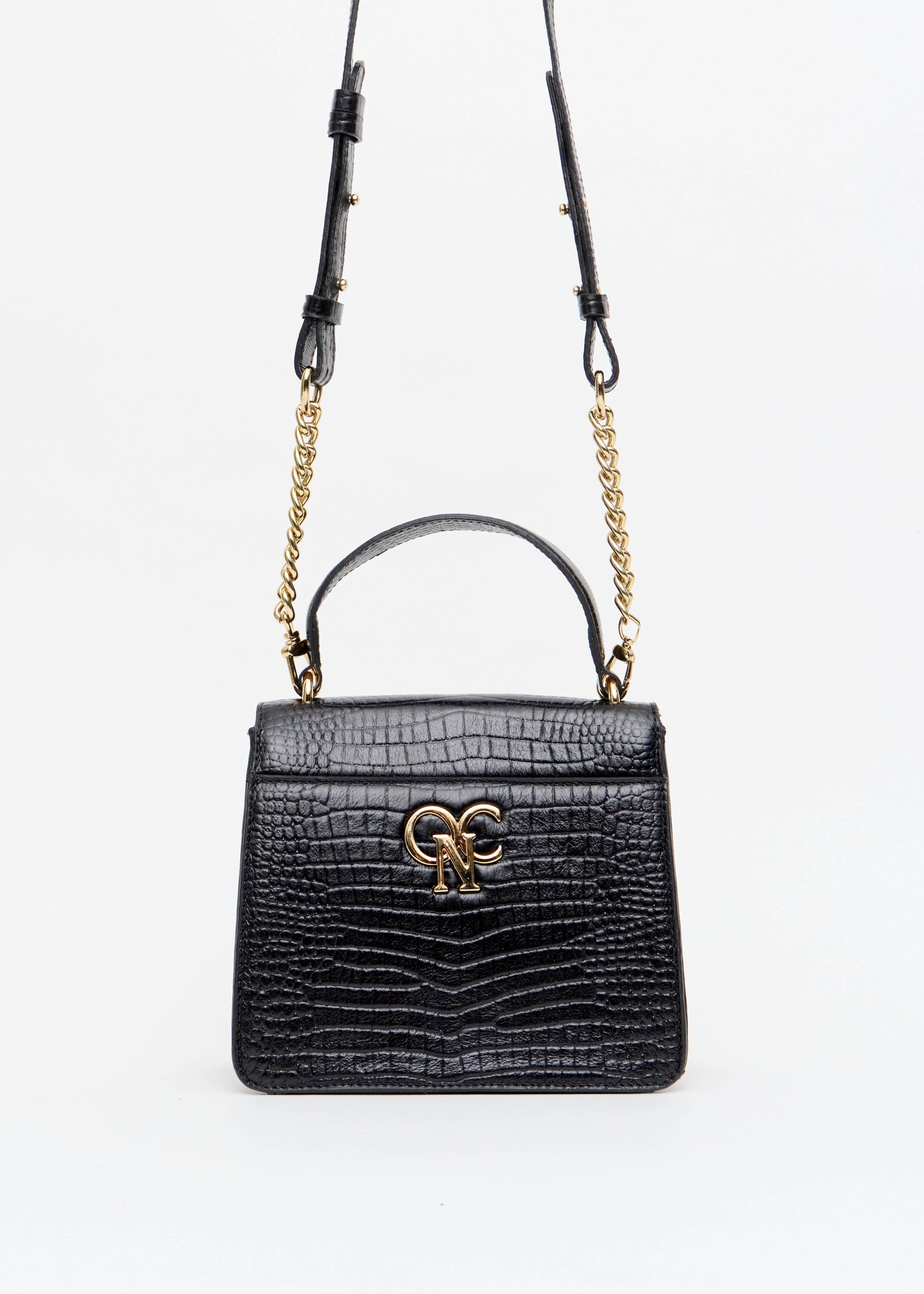 Bolsa croco preta corrente dourada alca transversal Onça Preta