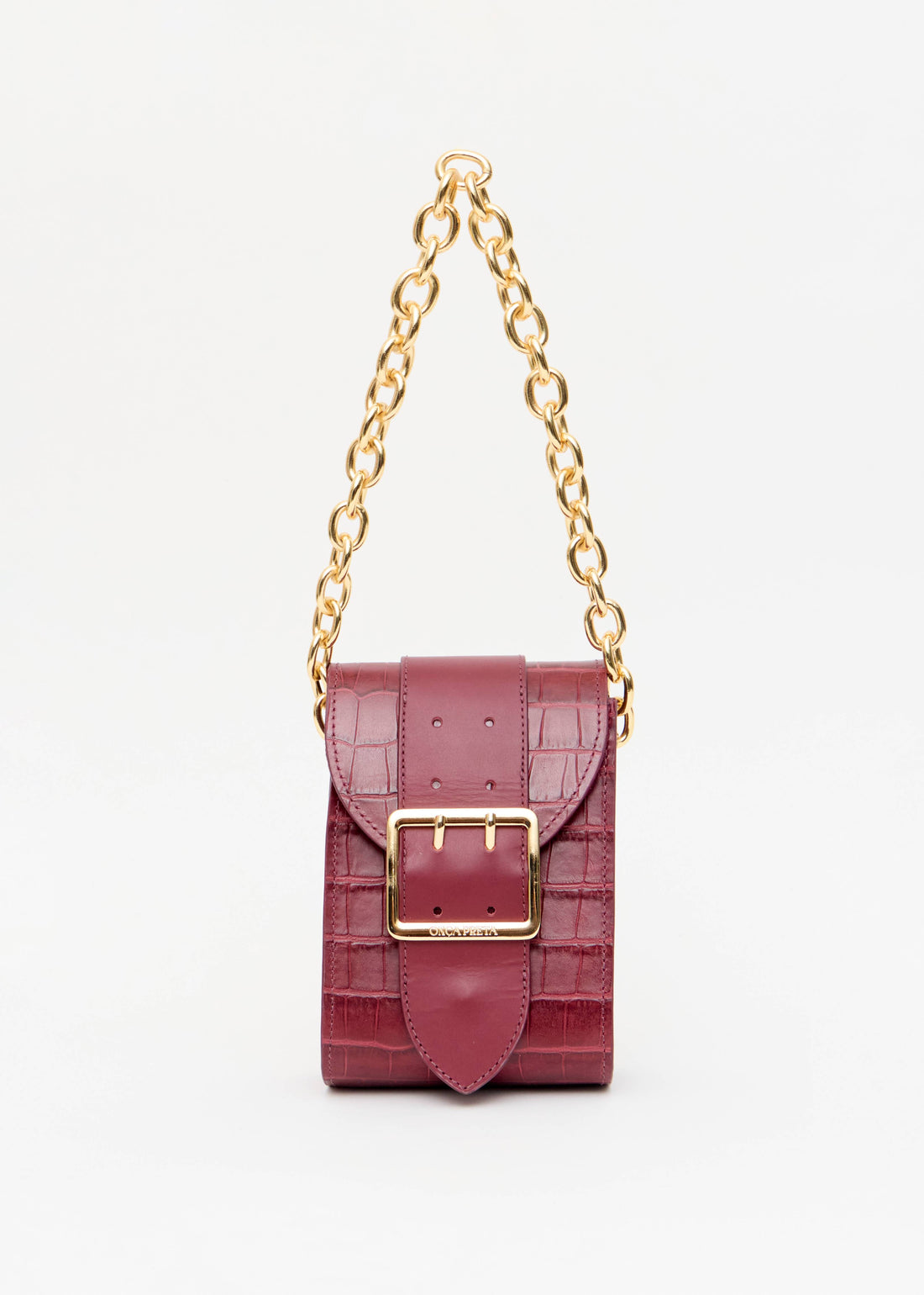 Mini bolsa croco vinho fivela dourada look couro Onça Preta