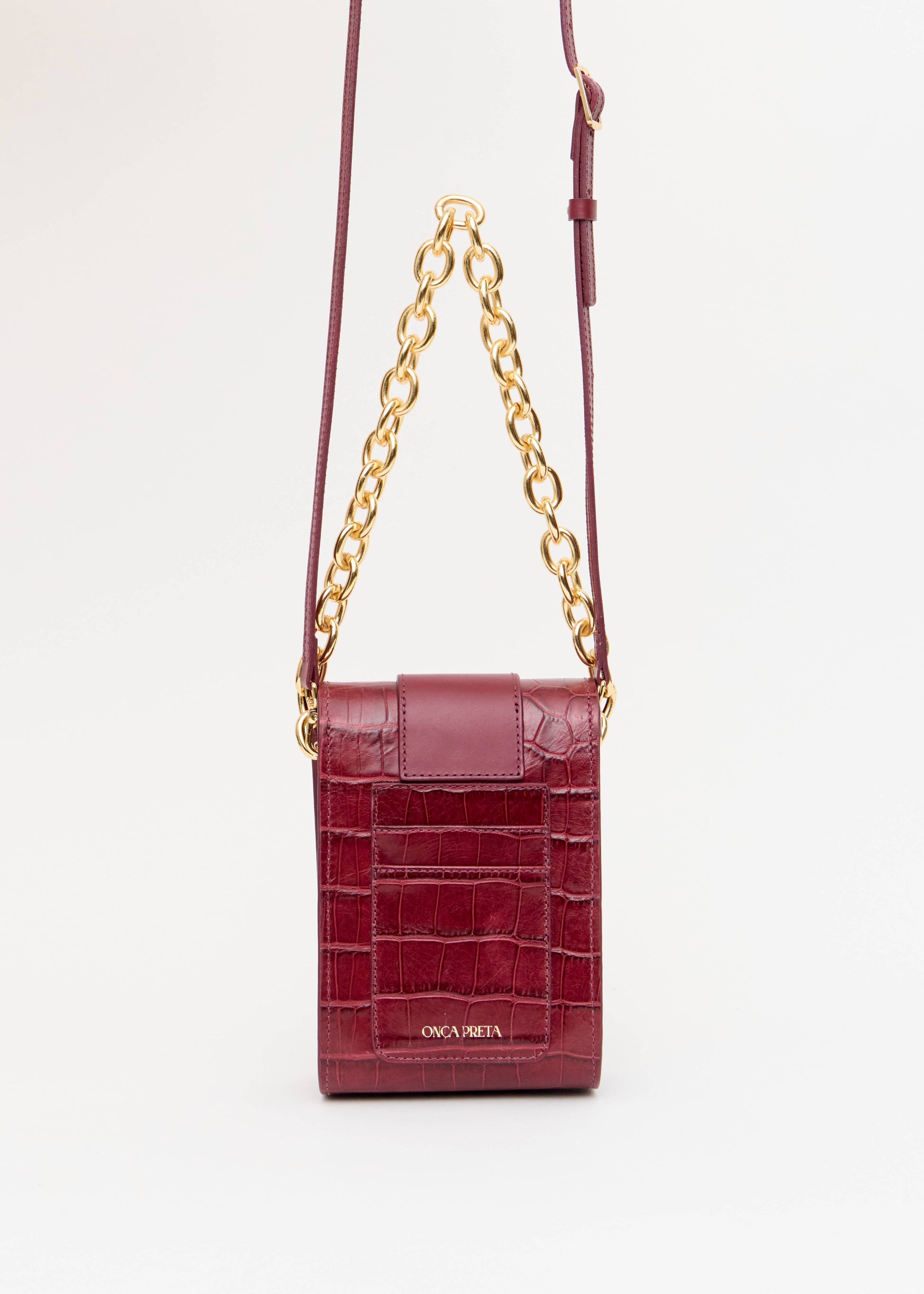 Mini bolsa croco vinho tira transversal corrente dourada Onça Preta traseira para porta cartão