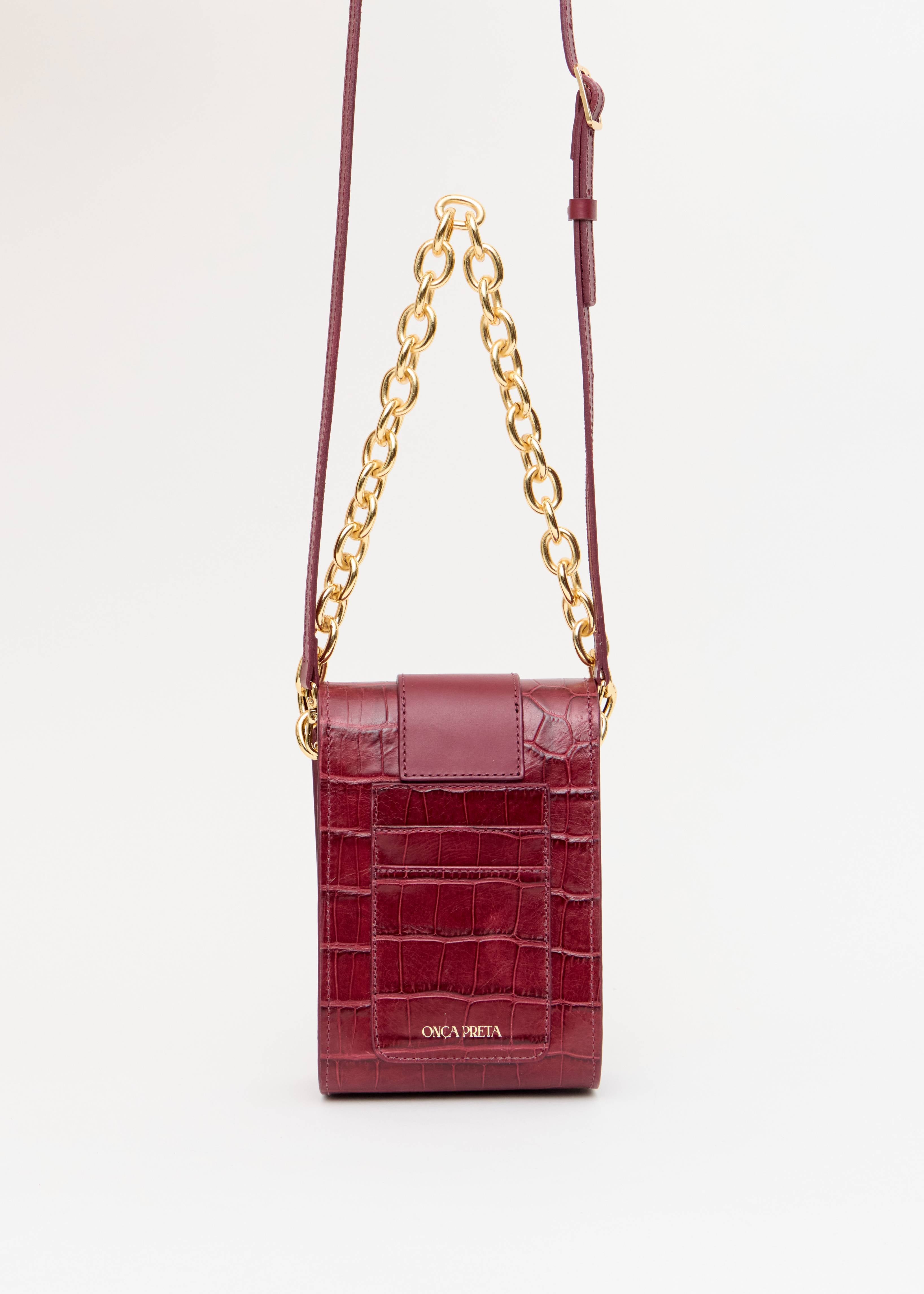 Mini bolsa croco vinho tira transversal corrente dourada Onça Preta traseira para porta cartão