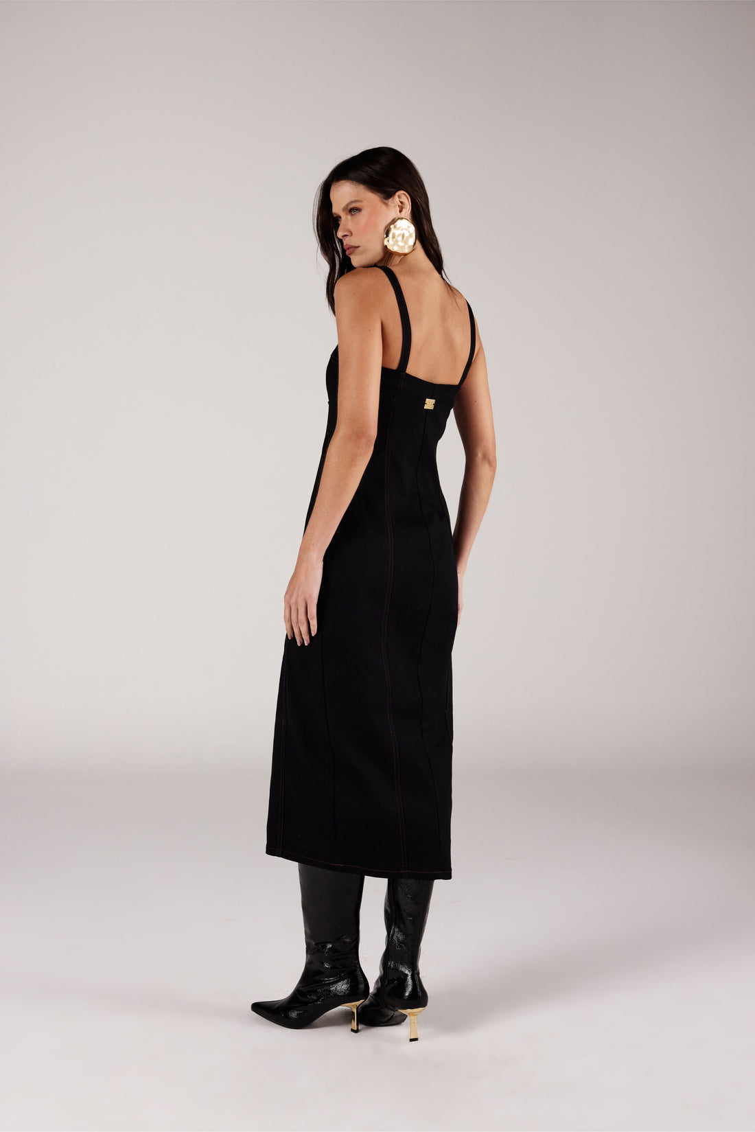 VESTIDO MIDI FEMININO CORSELET DE ALÇA JEANS ONÇA PRETA