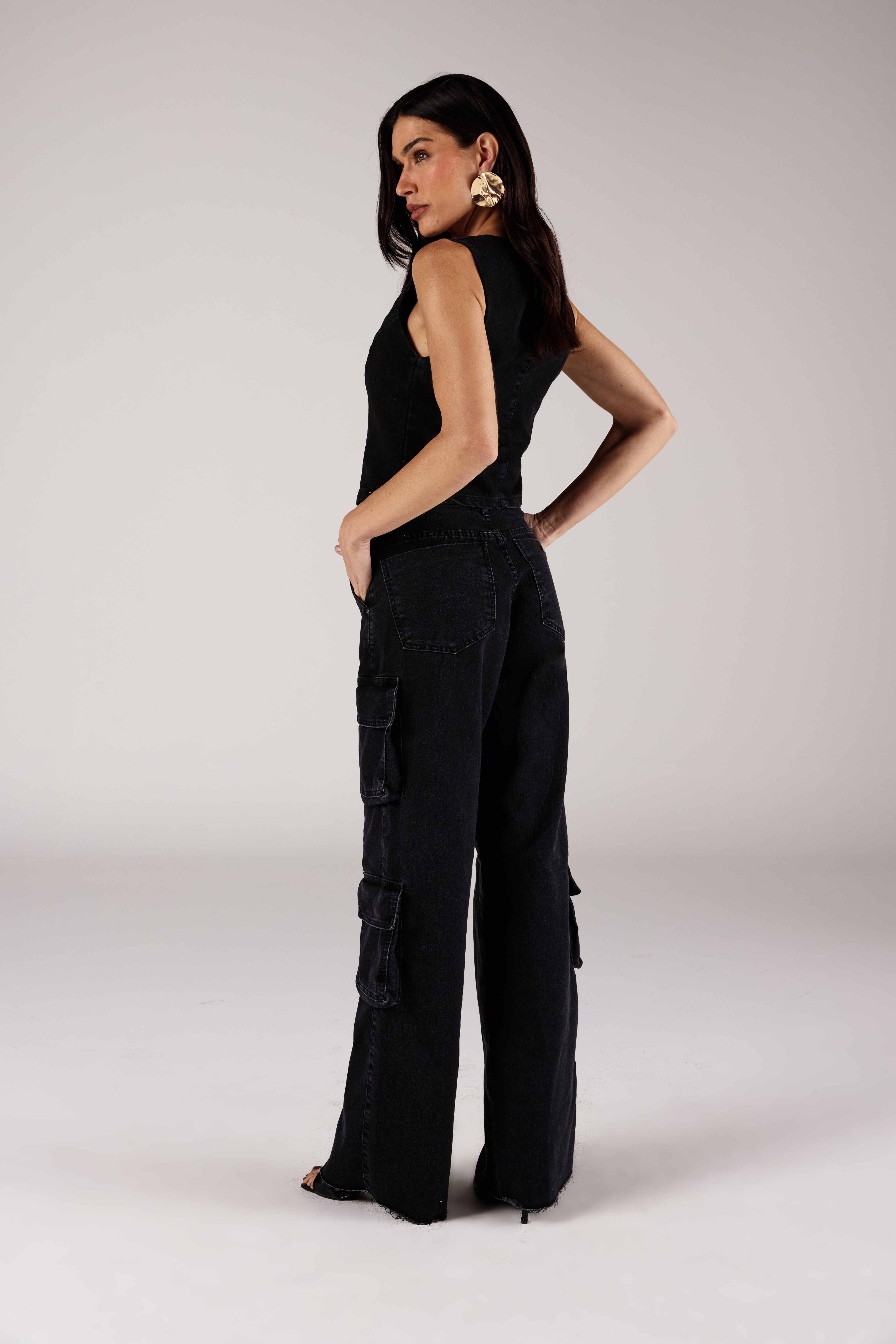 CALÇA RETA CARGO FEMININO STONE JEANS ONÇA PRETA