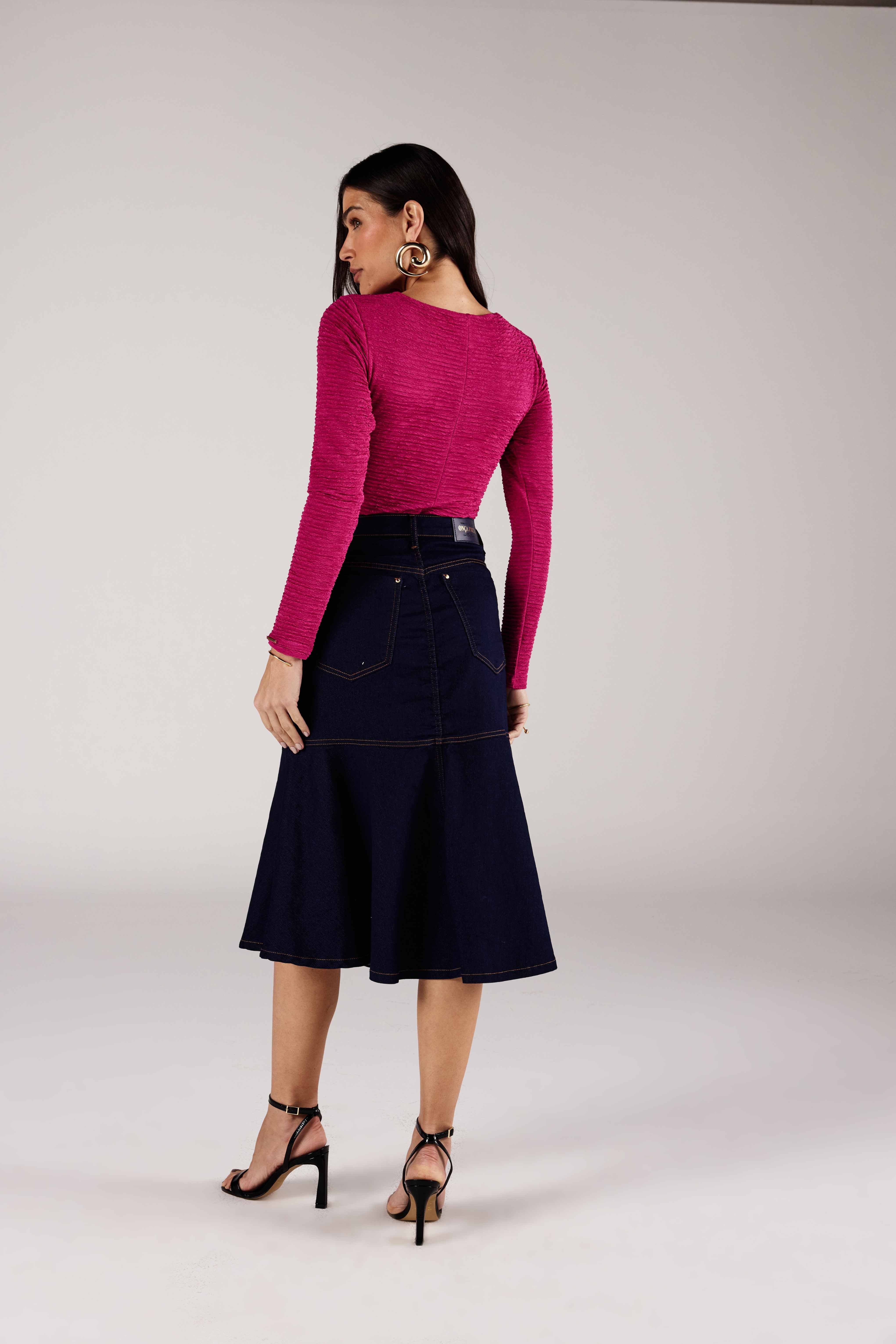 SAIA MIDI FEMININA RECORTE GODE JEANS ONÇA PRETA