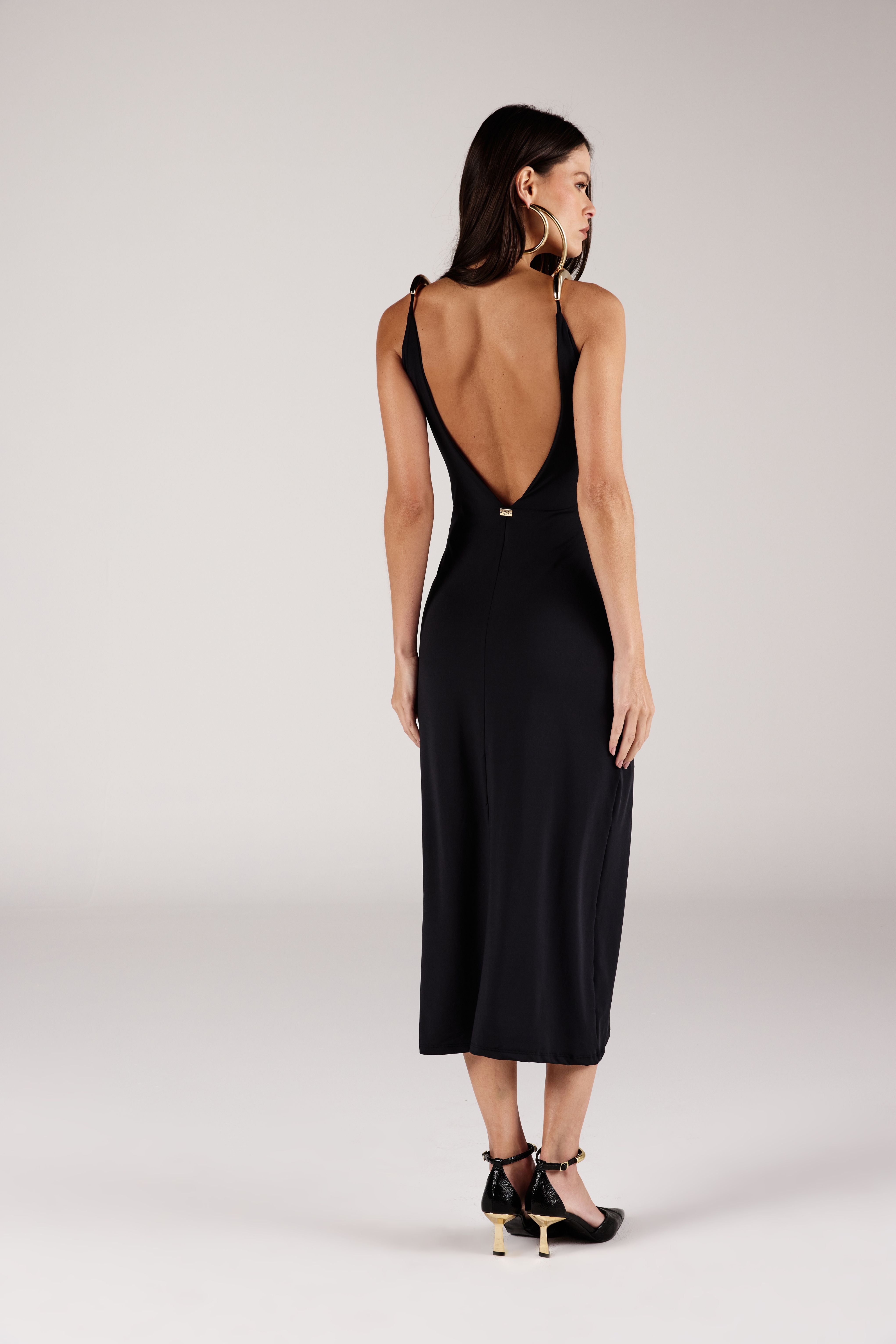 VESTIDO SUPER MIDI FEMININO ALÇA DE METAL ONÇA PRETA