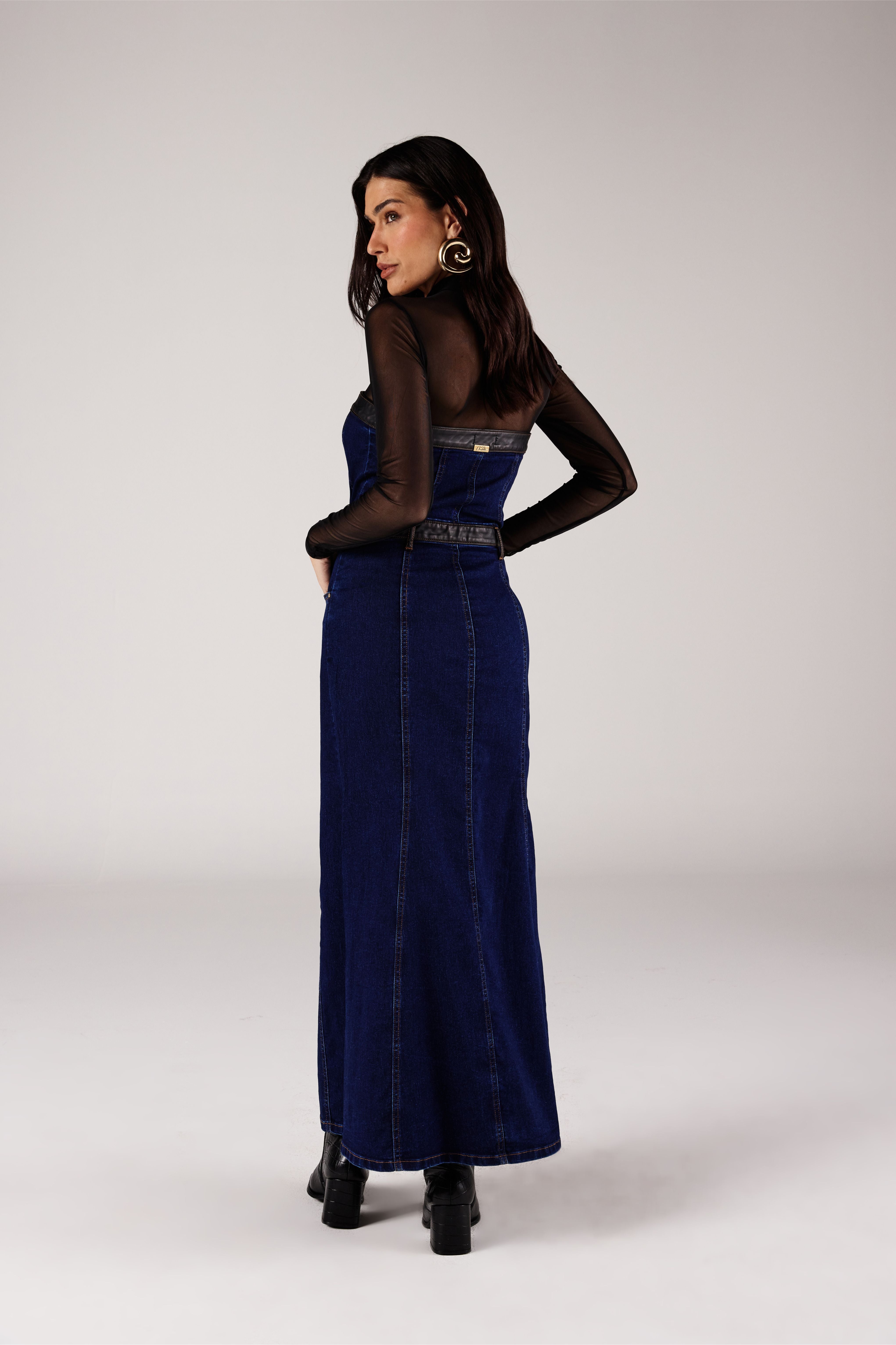VESTIDO MIDI FEMININO TOMARA QUE CAIA FENDA FRONTAL JEANS ONÇA PRETA
