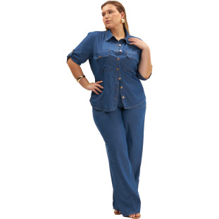 Camisa Jeans Onça Preta Manga Curta Ve25 Azul Feminino