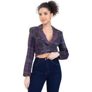 Blazer Onça Preta Cropped Alfaiataria PR23 Cinza Feminino