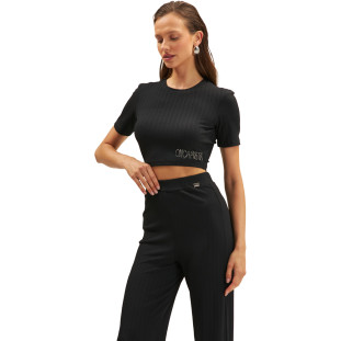 Camiseta Cropped Onça Preta Strass Ve25 Preto Feminino