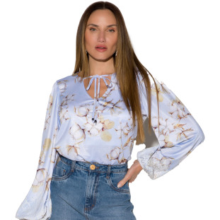 Blusa Onça Preta Detalhe Renda In24 Azul Feminino