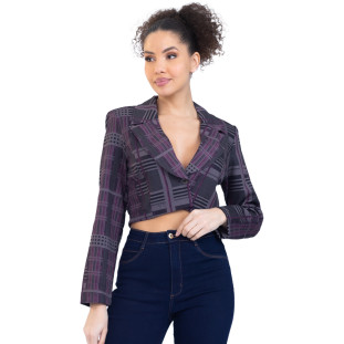 Blazer Onça Preta Cropped Alfaiataria PR23 Cinza Feminino