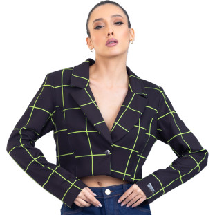 Blazer Onça Preta Cropped Alfaiataria PR23 Preto Feminino