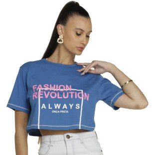 Tshirt Onça Preta Cropped Trama Contraste VE23 Azul Feminino