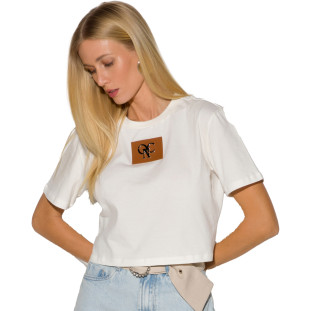 T-Shirt Cropped Onça Preta Aplicação Etiqueta In24 Off White Feminino