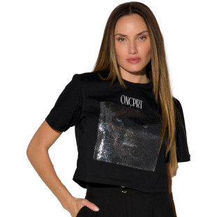 T-Shirt Cropped Onça Preta Aplicação Paete In24 Preto Feminino