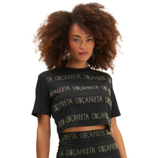 Camiseta Onça Preta Logomania Strass Ve25 Preto Feminino