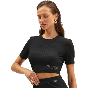 Camiseta Cropped Onça Preta Strass Ve25 Preto Feminino