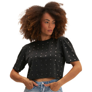 Camiseta Cropped Onça Preta Tachas Ve25 Preto Feminino